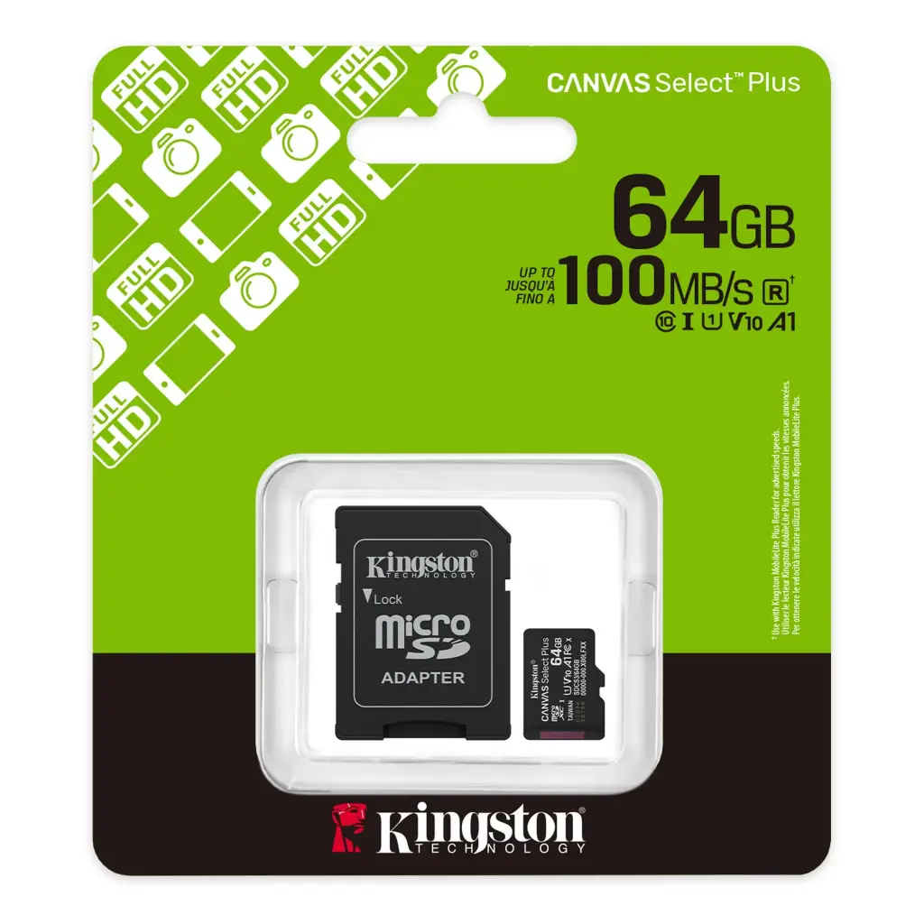 MicroSD Kingston 64GB Canvas Select Plus V10 C/Adaptador